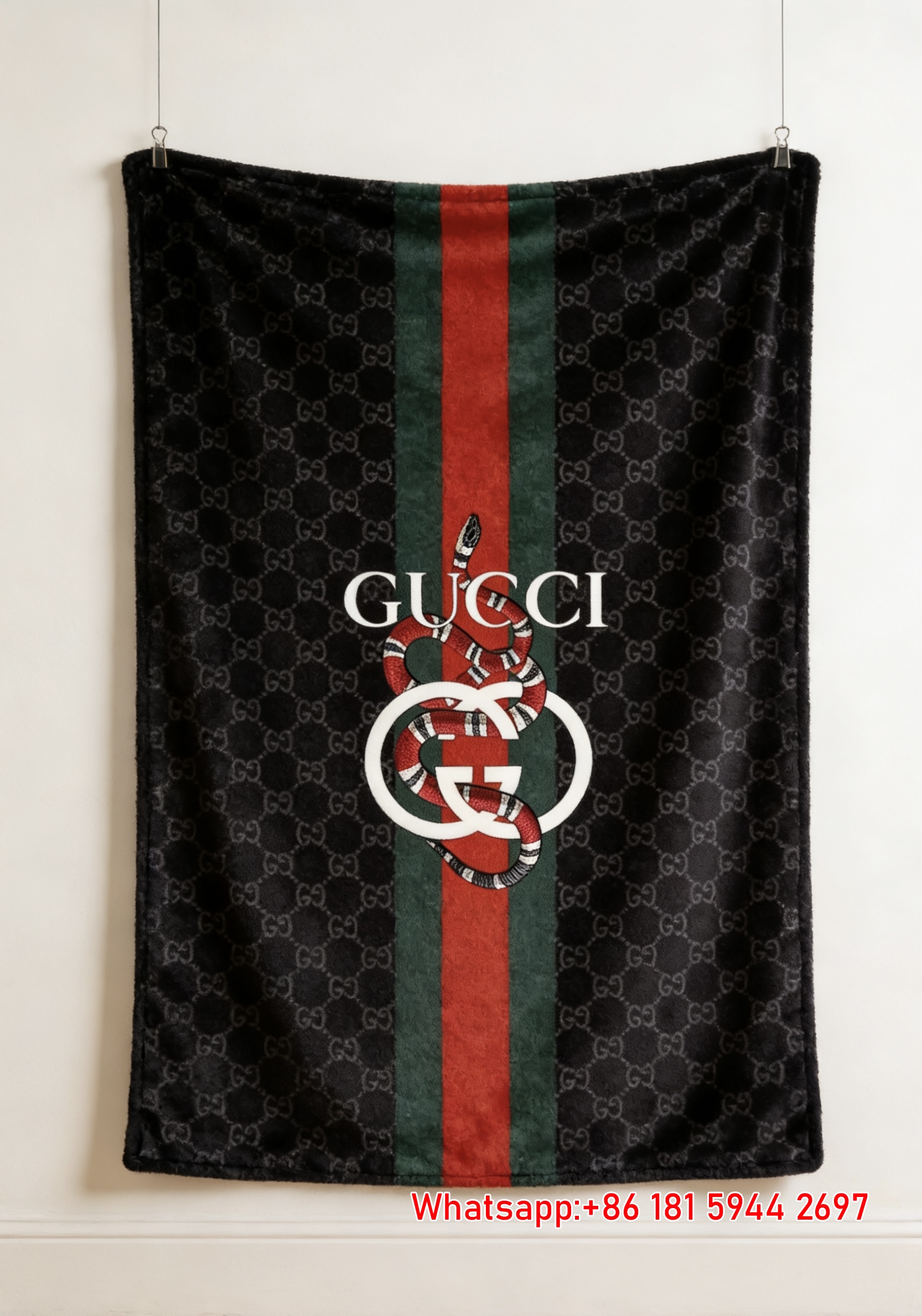 Gucci Red Snake on GG Monogram & Web Stripe Flannel Blanket throw blanket IMG_2639